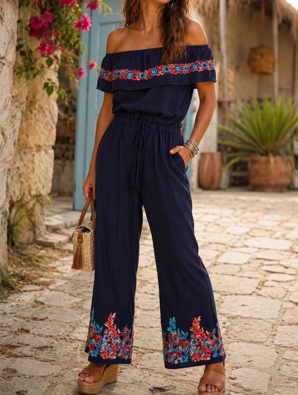 Chelsea & Violet Navy Embroidered Off Shoulder Wide Leg Boho Jumpsuit Vacation